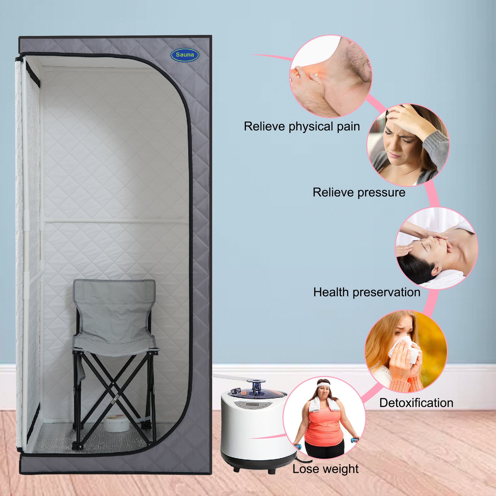 Full Size Portable Grey Steam Sauna Tent Personal Home Spa, With Steam Generator, Remote Control, Foldable Chair, Timer And Pvc Pipe Connector Easy To Install.Fast Heating, With Fcc Certification Grey Polyester