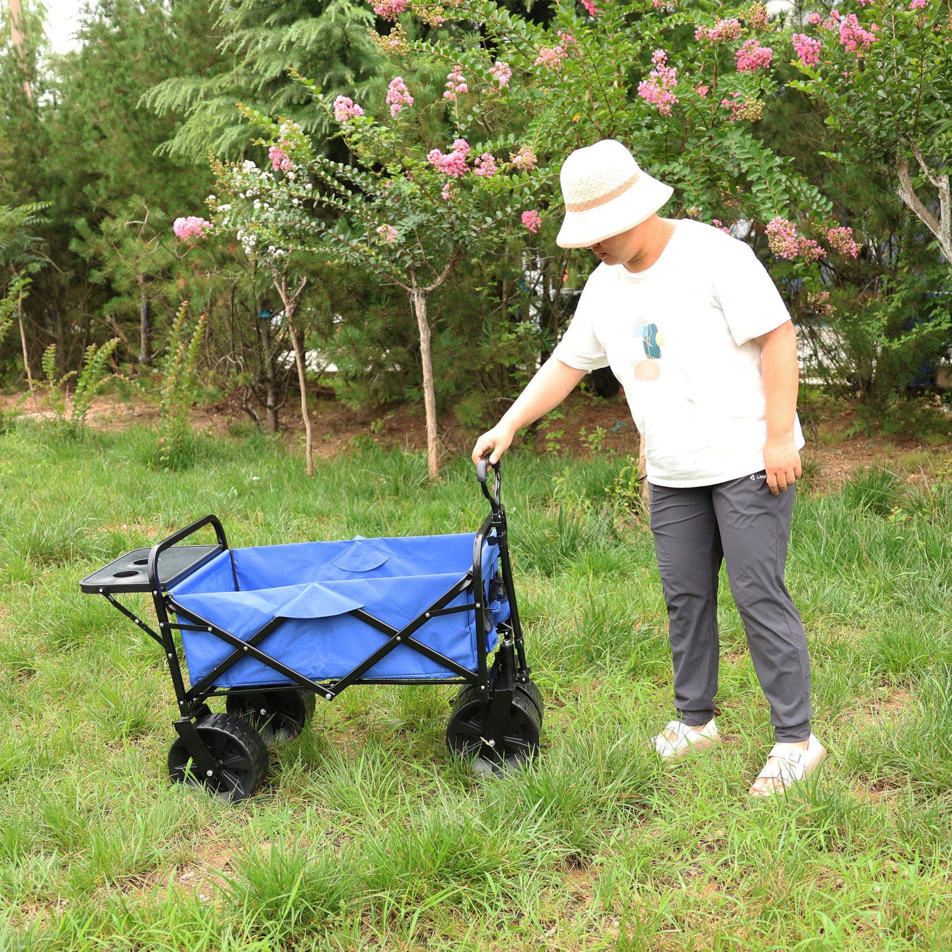 Folding Wagon Garden Shopping Beach Cart Blue Blue Metal