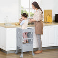 Qaba Wooden Kitchen Step Stool For Kids, Foldable Toddler Tower, Helper Stool For Kitchen Counter With Support Handles Safety Rail, Gray Grey Mdf