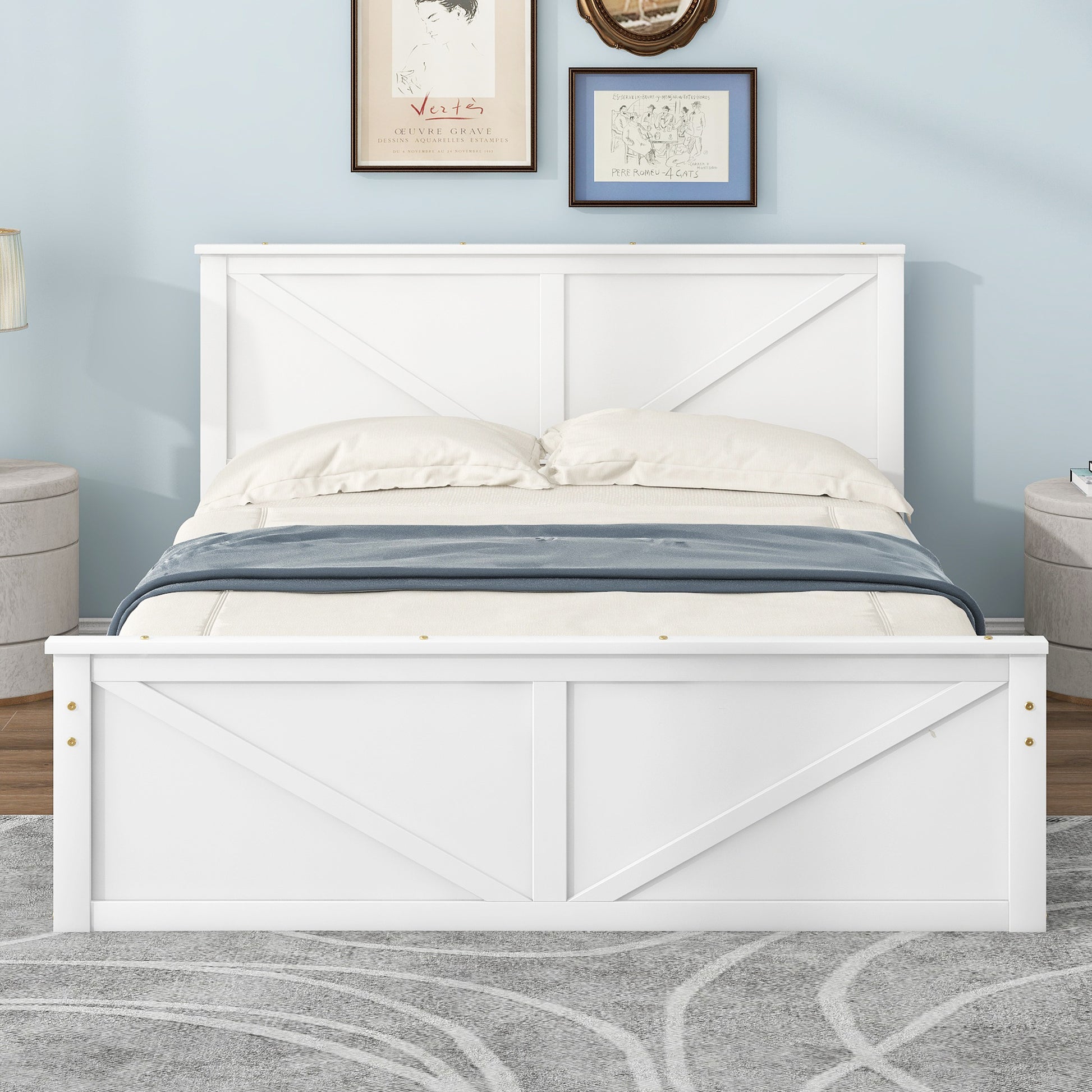 Queen Size Wooden Platform Bed With Four Storage Drawers And Support Legs, White Queen Antique White Pine