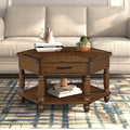 2 Tier Retro Hexagon Living Room Solid Wood Coffee Table With Shelf & Drawer, 36'' Mid Century Center Coffee Table For Living Room, Office. Cherry Cherry Pine