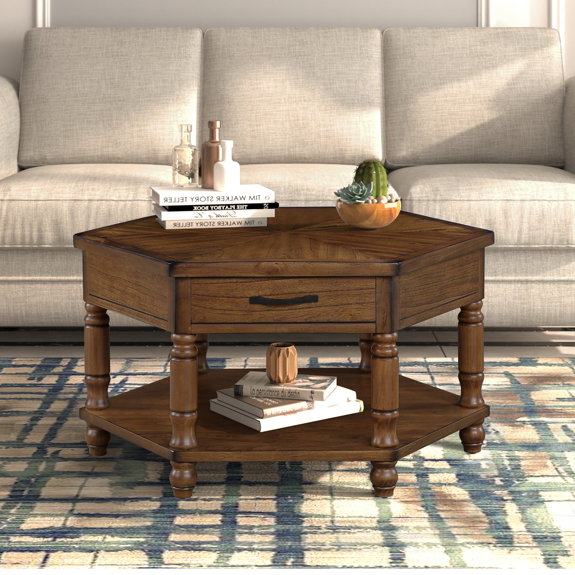 2 Tier Retro Hexagon Living Room Solid Wood Coffee Table With Shelf & Drawer, 36'' Mid Century Center Coffee Table For Living Room, Office. Cherry Cherry Pine