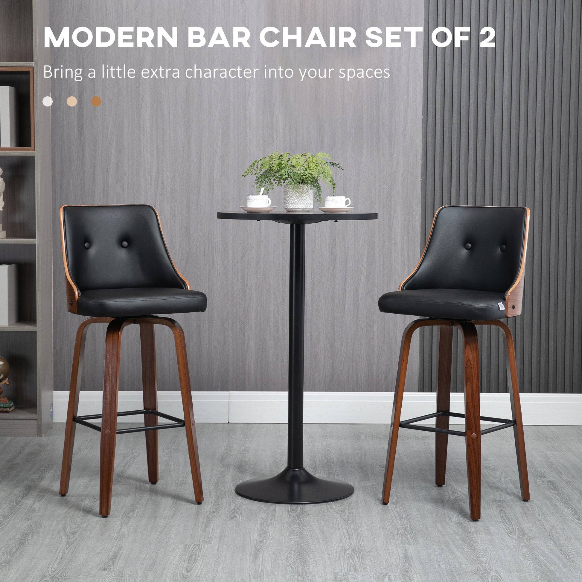 Homcom Bar Height Bar Stools, Pu Leather Swivel Barstools With Footrest And Tufted Back, Set Of 2, Black Black Wood