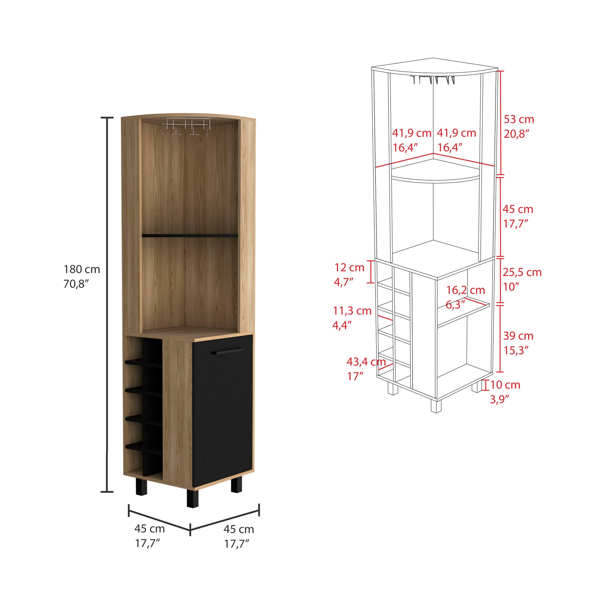 Kaia 70" Tall Corner Bar Cabinet With Four Shelves, Ten Wine Bottle Cubbies And Stemware In Black Pine Multi Primary Living Space Modern Particle Board