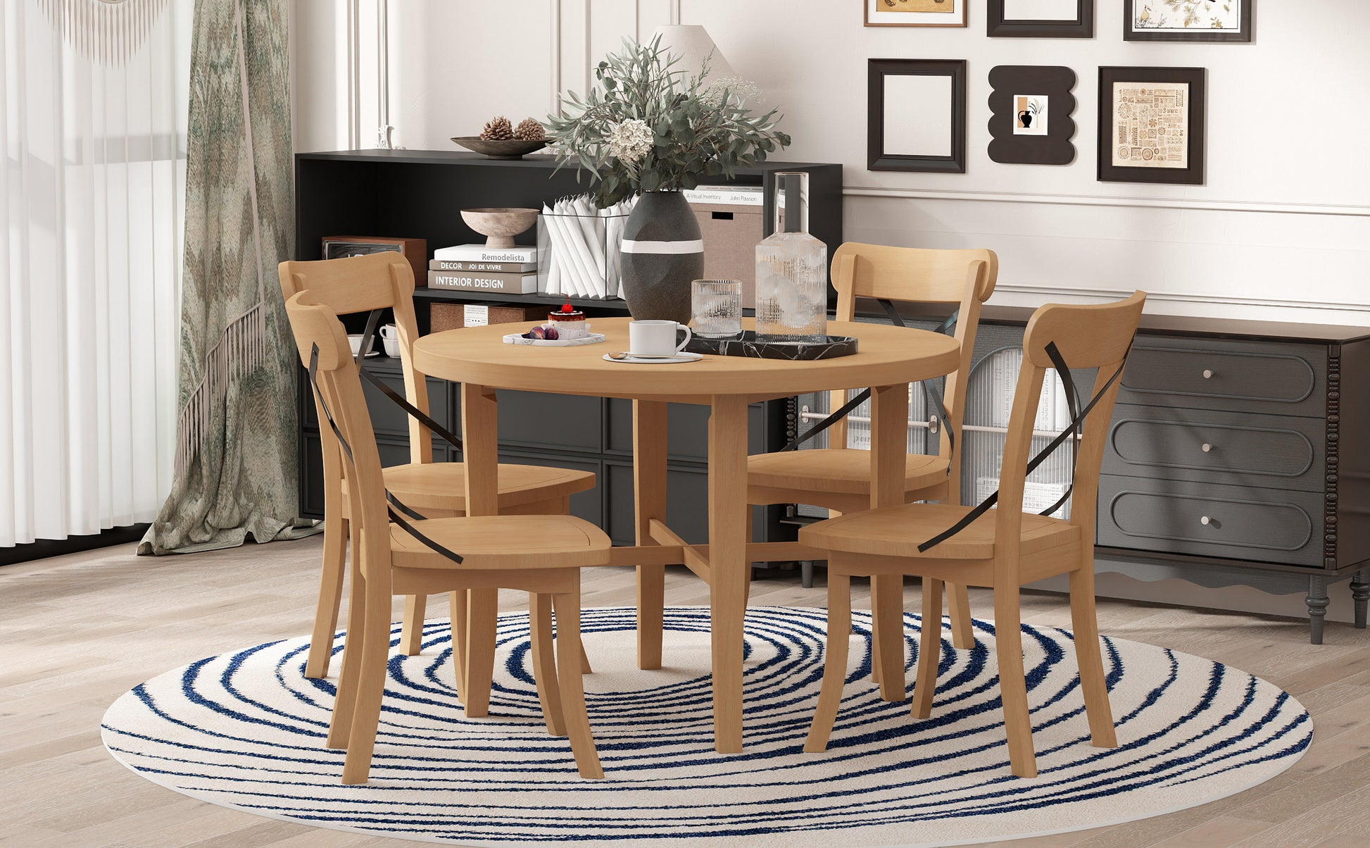 5 Piece Dining Set, Retro Simple Round Table And 4 Chairs With X Shaped Backrest For Kitchen, Dining Room And Living Room Natural Natural Rubber Wood