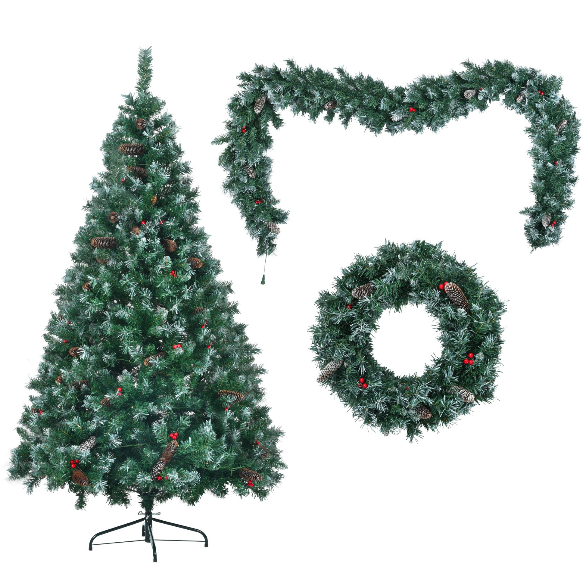 6Ft Dark Green Pine Christmas Tree, Pre Lit Set With Tree & Garland & Wreath, Hinged Artificial Xmas Tree With White Tips, Red Berries And Pine Cones, 11 Colorful Modes, Indoor Holiday Decoration Green Pvc