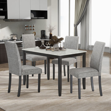Faux Marble Dining Rectangular Table, 4 Person Wood Dining Table, White Dark Espresso Gray Upholstered Chair Faux Marble White Dark Espresso Gray Seats 4 Wood Dining Room Rectangular 4 Leg Rectangular Dining Table With Chair Mdf,Paper,Rubber Wood