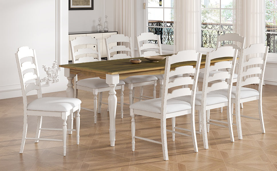 Vintage Traditional 9 Piece 82.7Inch Extendable Dining Table Set With 23.6Inch Removable Leaf And 8 Upholstered Dining Chairs For 8, Brown Cream Wood Dining Room Distressed Finish Rubberwood Rectangular Dining Table With Bench Wood Wood Cream Brown Seats