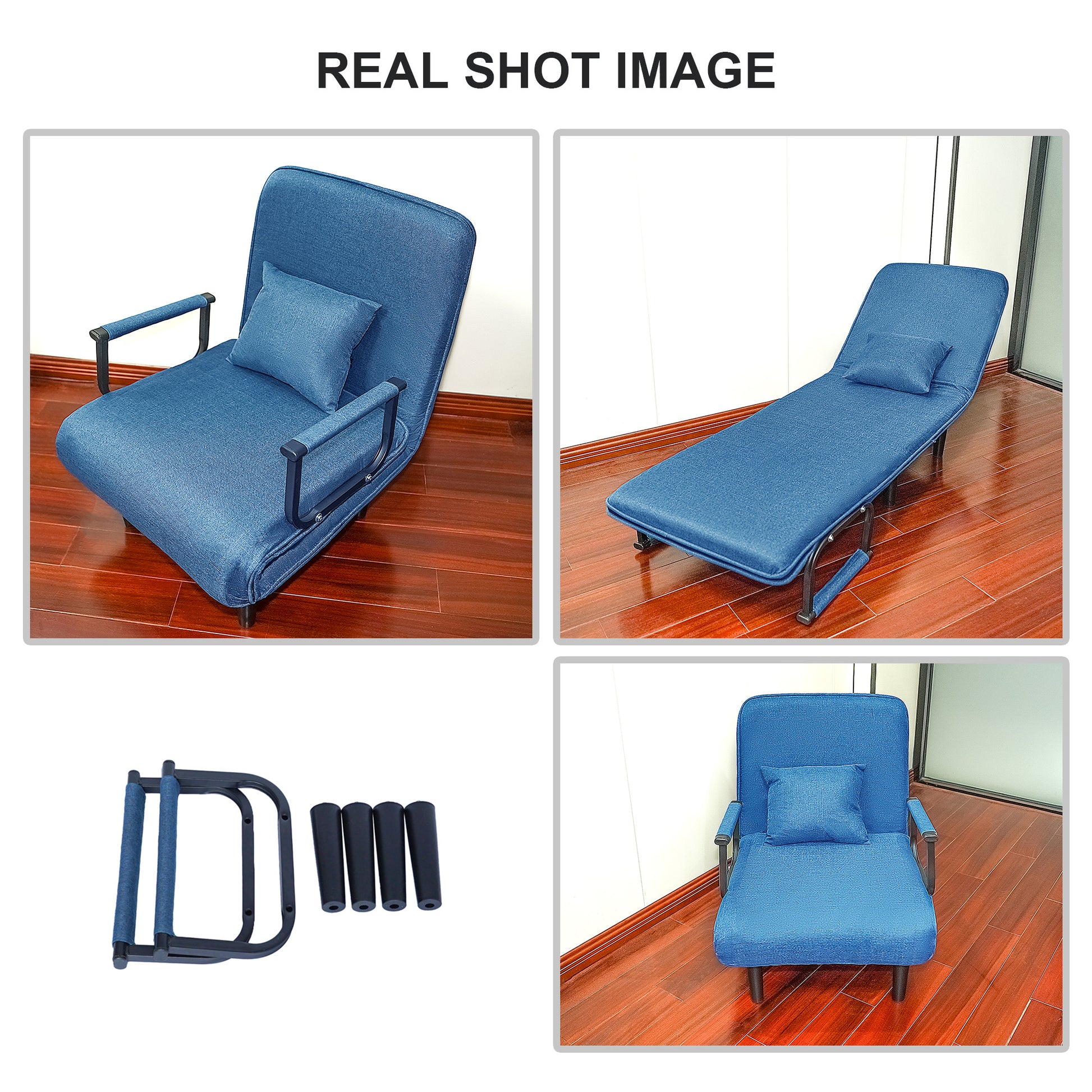 Folding Sofa Chair Blue Fabric Metal