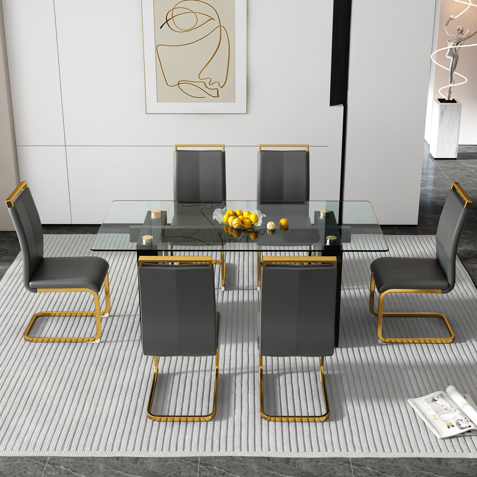 Table And Chair Set, Large Modern Minimalist Rectangular Glass Table, Can Accommodate 6 8 People, Equipped With Tempered Glass Tabletop And Large Mdf Table Legs, Comfortable And Minimalist Chairs. Transparent Glass