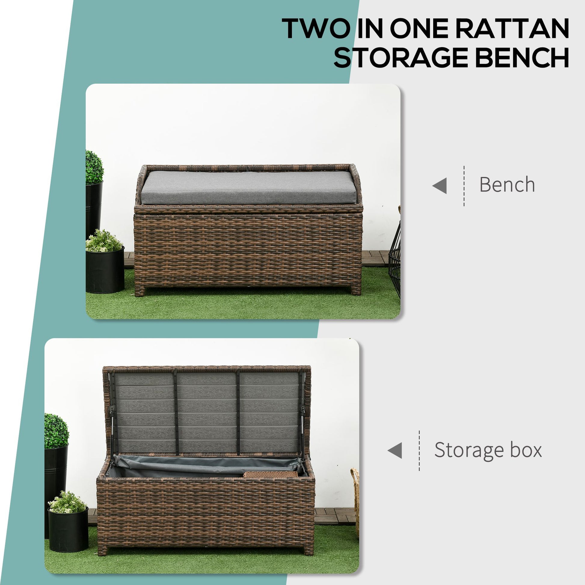 Outsunny Outdoor Wicker Storage Bench Deck Box, Pe Rattan Patio Furnit