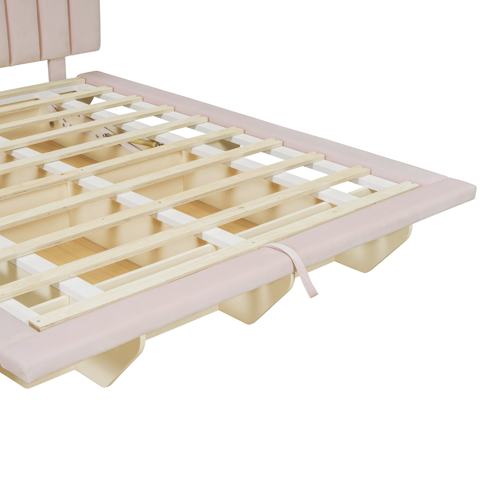 Queen Size Upholstered Floating Bed With Led Light And Usb Port, Velvet, Pink, Hydrualic Platform Bed Queen Pink Velvet