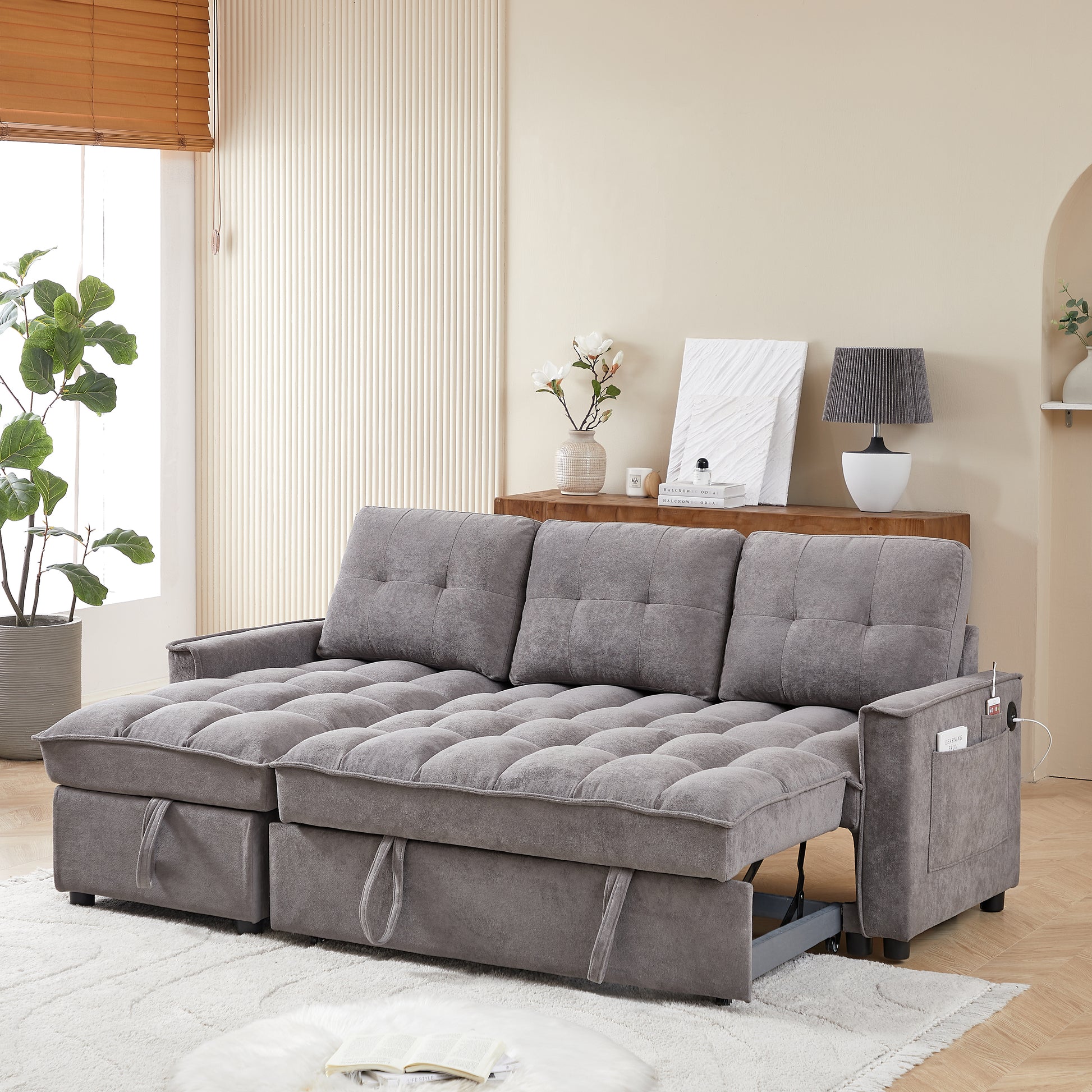 Mh 78.75" Reclining Sofa, Pull Out Sofa Bed With Usb And Tape C Charging Ports, L Shaped Sectional Sofa With Reclining Storage And Arm Side Organizer Pocket Features, Living Room Comfort Sofa Dark Grey Chenille Wood Primary Living Space Eucalyptus Foam