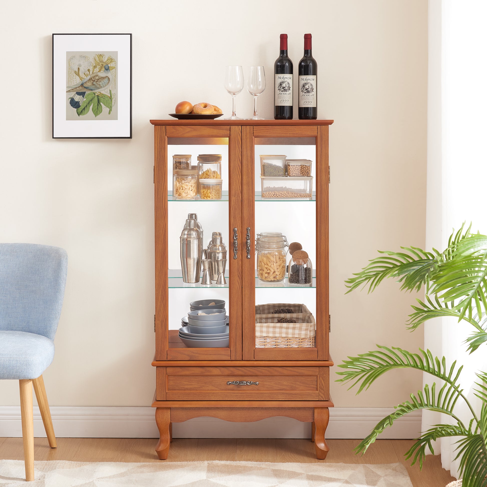 Lighted Glass Cabinet Glass Wine Cabinet Curio Display Cabinet With Adjustable Glass Shelves 2 Doors And 1 Drawer Cabinet Bulb Included Oak Oak Mdf Glass