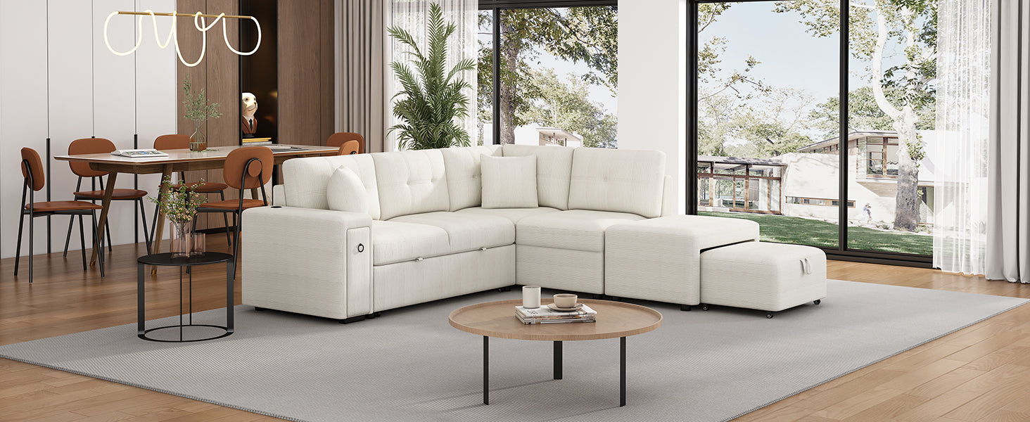 86.6" Sectional Sofa L Shaped Sofa Couch Pull Out Sofa Bed With A Movable Ottoman, Two Usb Ports And Two Cup Holders For Living Room, Beige Beige Foam Chenille 4 Seat