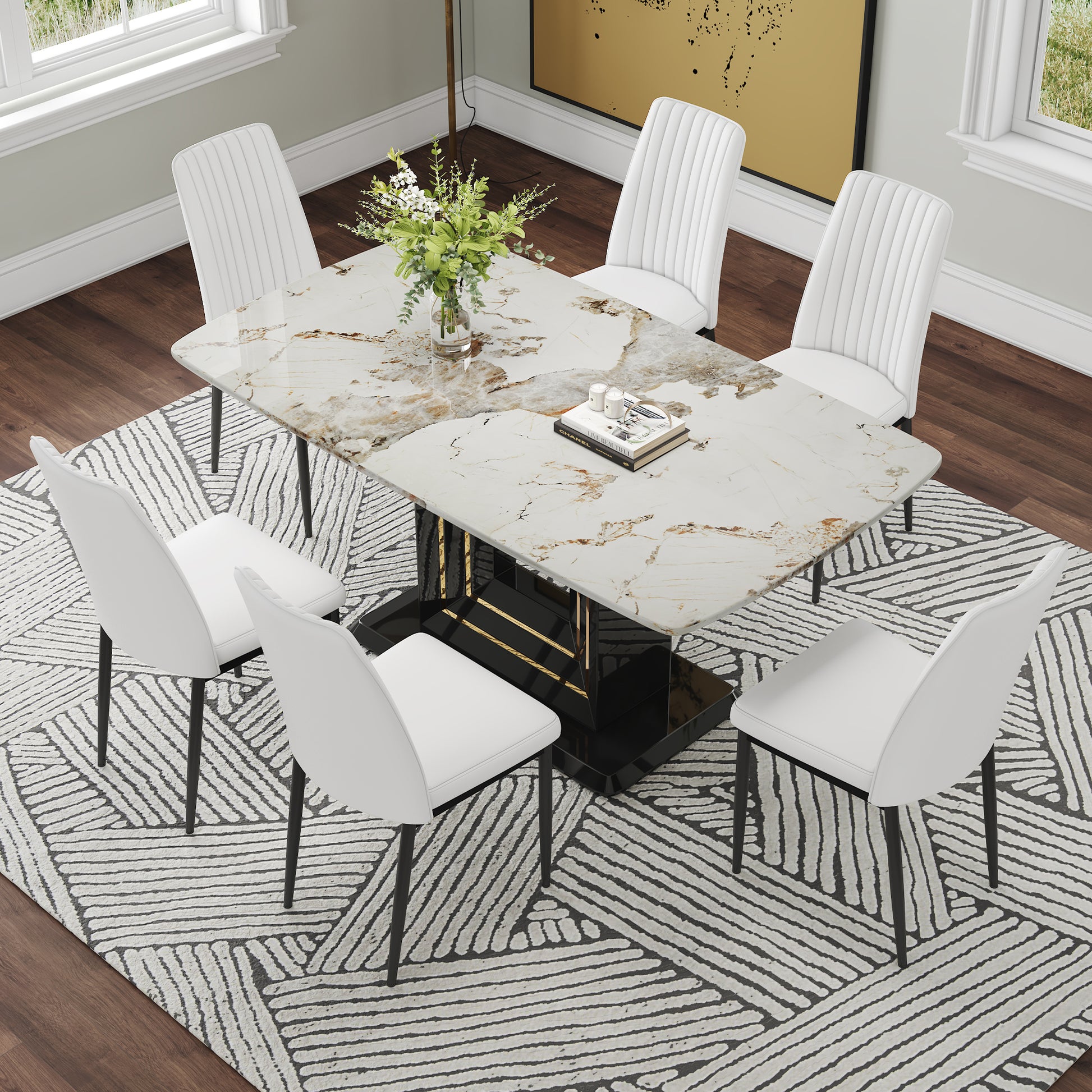 7 Piece Faux Marble Dining Table Set, Glass Rectangular Kitchen Table For 6 8, Modern White Faux Marble Dining Room Table With Mdf Base, Dining Table & 6 Chairs Metal White Rectangular Mdf Glass