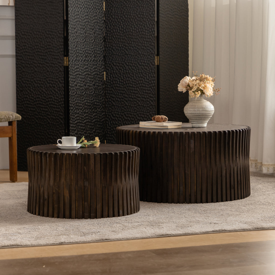 Vintage Fashion Style Cylindrical Nesting Coffee Table Set With Vertical Textured Embossed Design For Living Room, Office And Dining Room, Dark Brown Set Of 2 Dark Brown Mdf