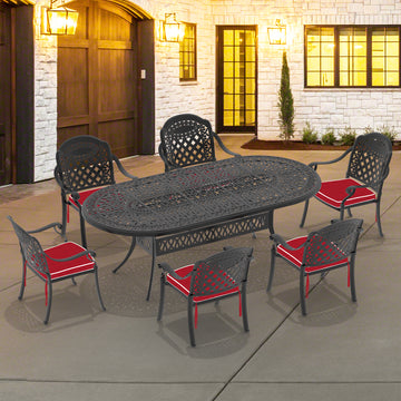 Cushions In Random Colors 7 Piece Set Of Cast Aluminum Patio Furniture With Cushions Yes Dining Set Black Seats 6 Rust Resistant Frame Water Resistant Cushion Garden & Outdoor Complete Patio Sets Aluminium