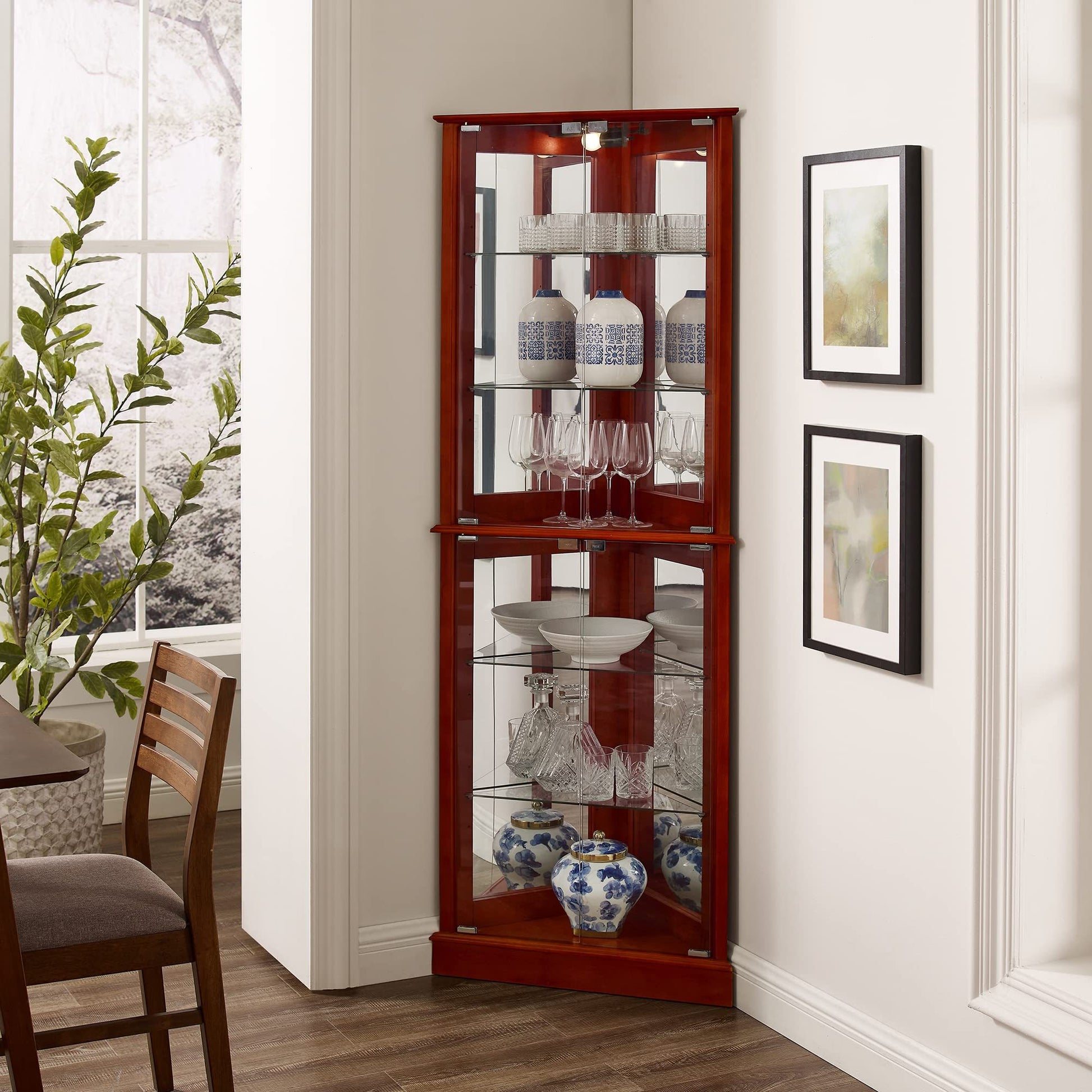 Corner Curio Dispaly Cabinet With Lights, Adjustable Tempered Glass Shelves, Mirrored Back,Cherry E26 Light Bulb Not Included Cherry Mdf