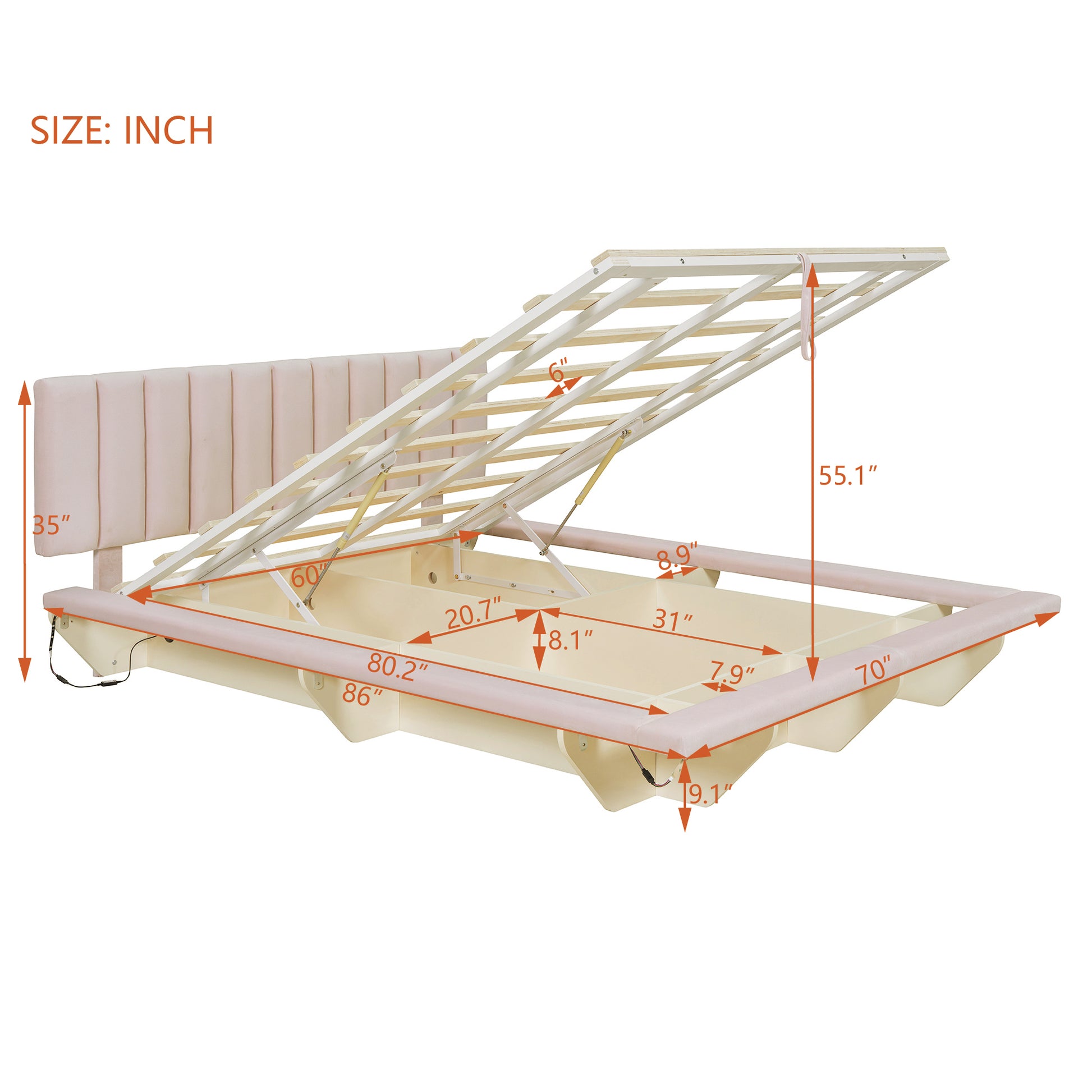 Queen Size Upholstered Floating Bed With Led Light And Usb Port, Velvet, Pink, Hydrualic Platform Bed Queen Pink Velvet