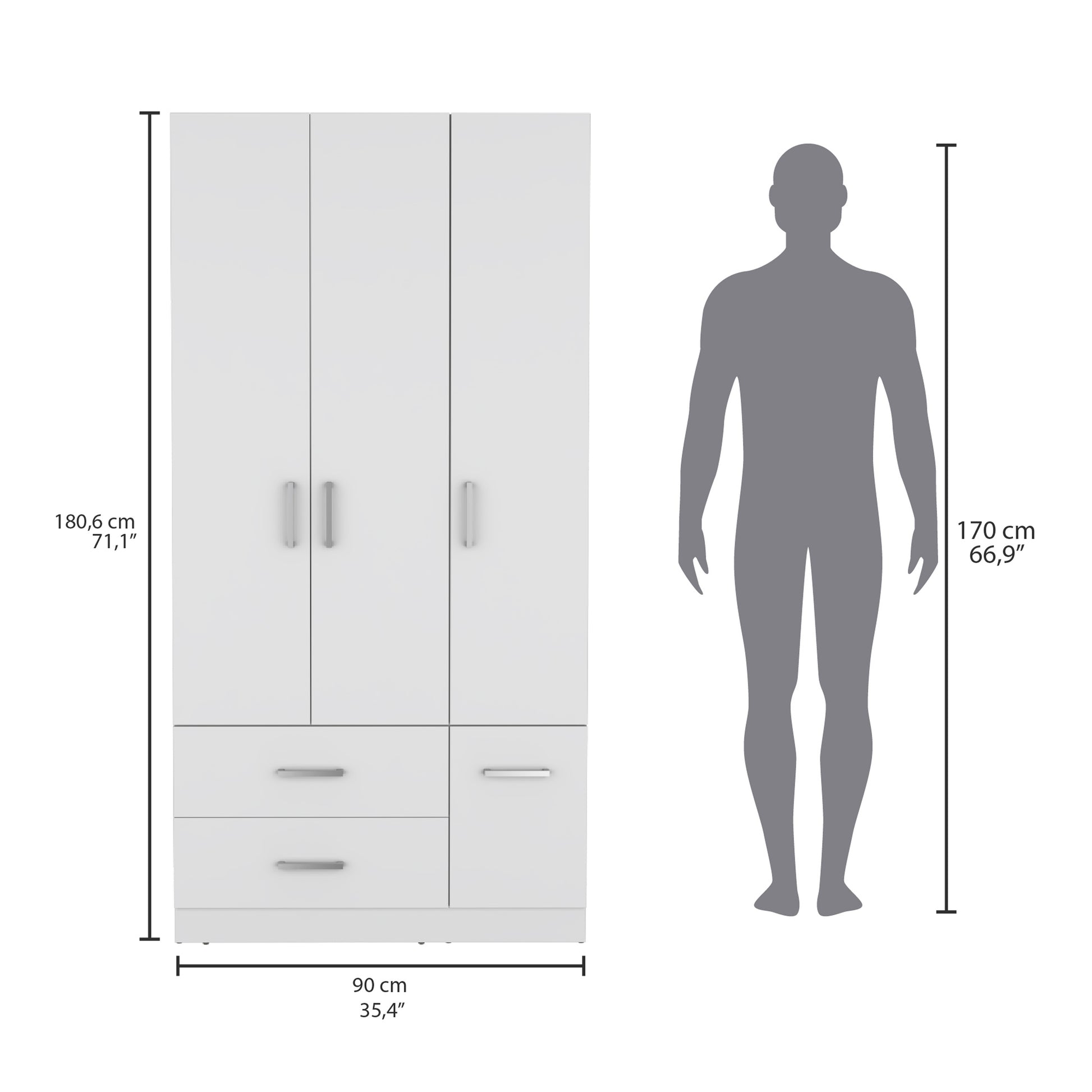 Sebree 71" High Armoire Wardrove Closet With 2 Drawers, Four Doorsthree Cabinetsix Shelves And Hanging Rod, Bedroom Clothes Storage Cabinet Organizer White White Particle Board