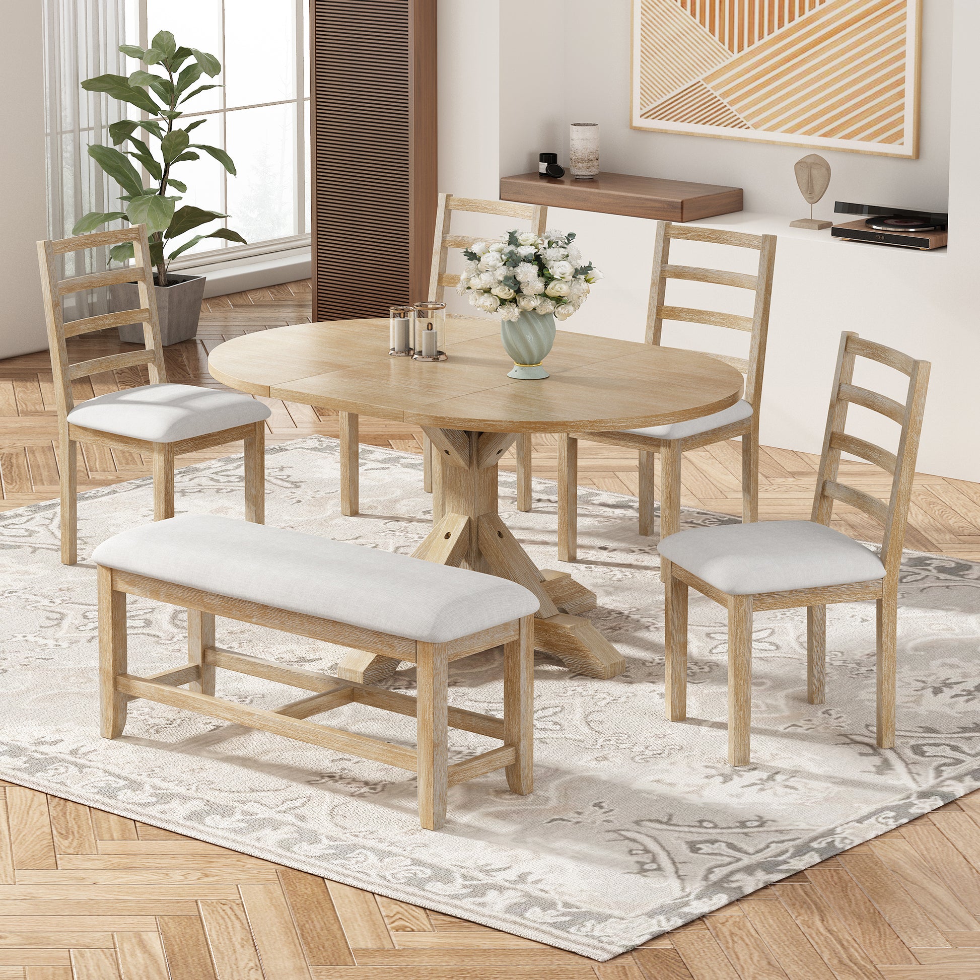 Farmhouse Piece 60Inch Extendable Pedestal Dining Table Set With 18I