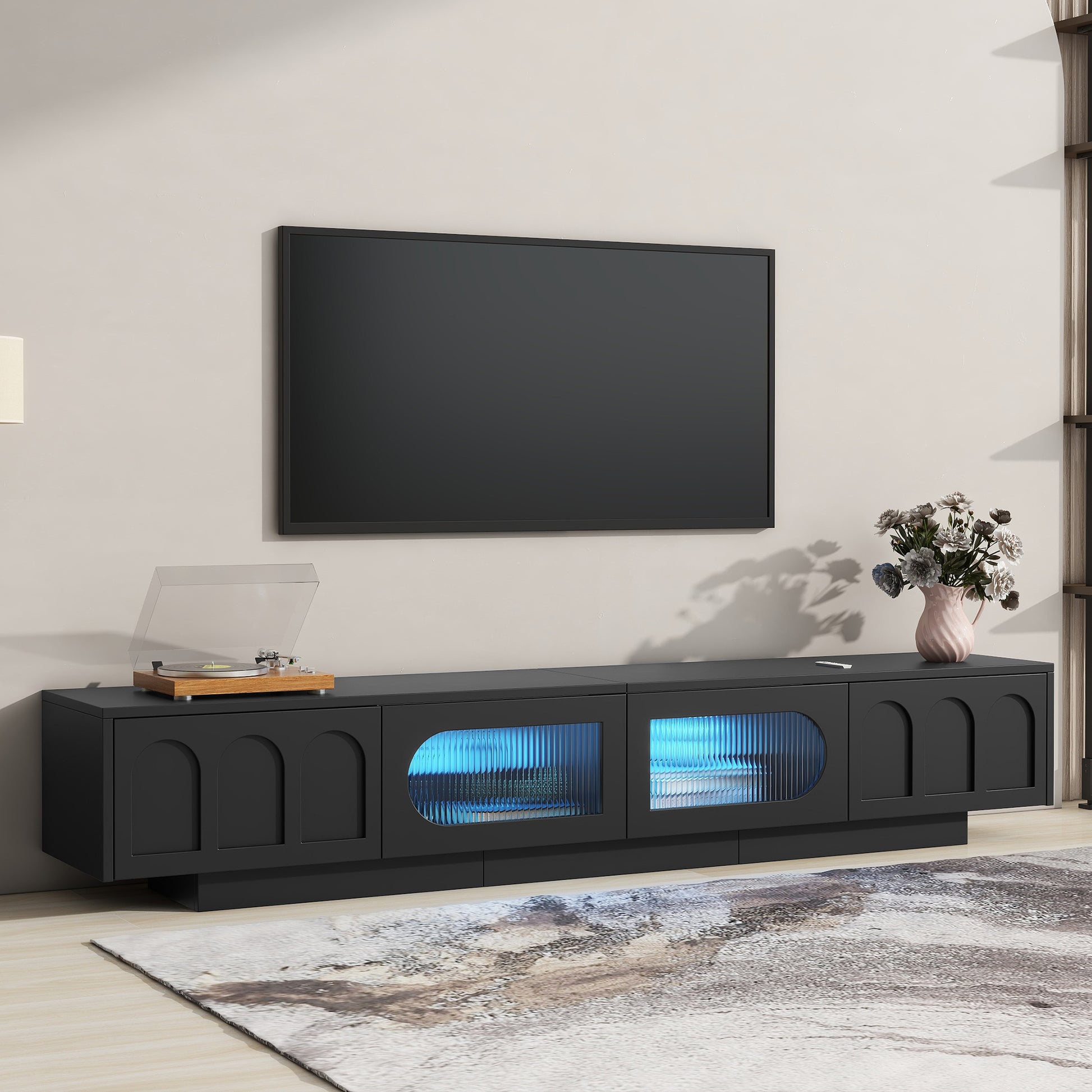 Tv Stand With Fluted Tempered Glass Doors For Tvs Up To 95'', Functional Media Console With Arched Cabinet Doors, Entertainment Center With App Controlled Led Light For Living Room, Black Black Primary Living Space 90 Inches Or Larger 90 Inches Or Larger