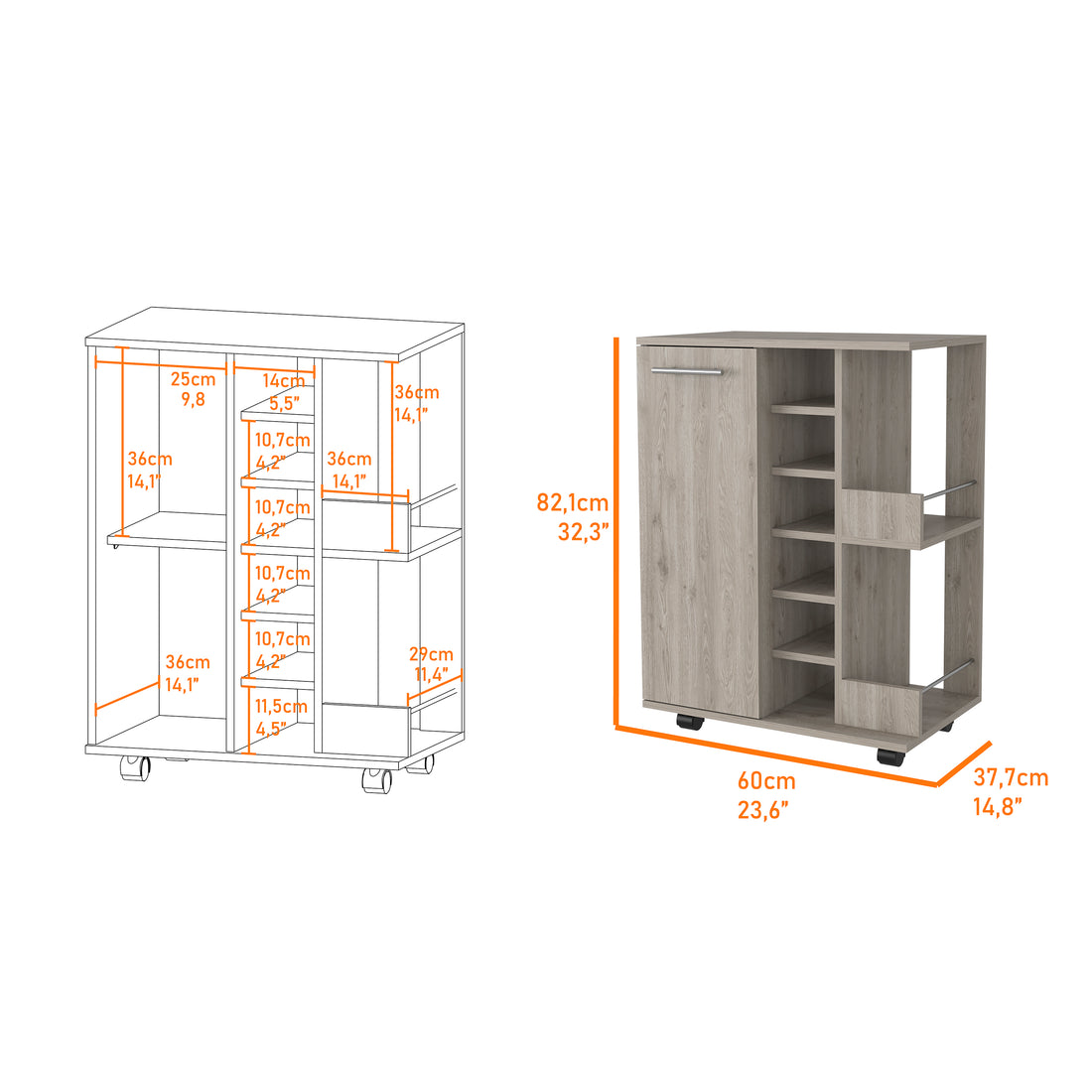 Tennessee Bar Cart, One Cabinet With Division, Six Cubbies For Liquor, Two Shelves Light Gray Primary Living Space Modern Rectangular Stationary Kitchen Islands Pine Particle Board Engineered Wood Medium 40 55In