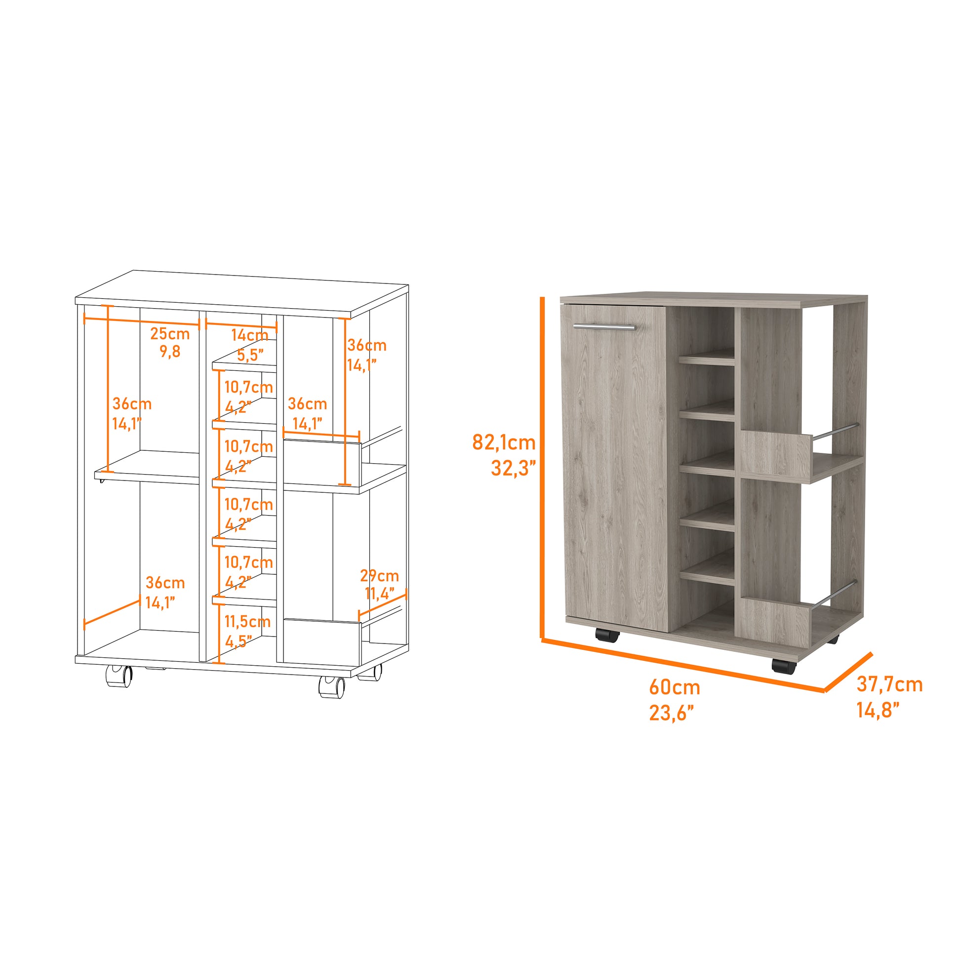 Tennessee Bar Cart, One Cabinet With Division, Six Cubbies For Liquor, Two Shelves Light Gray Primary Living Space Modern Rectangular Stationary Kitchen Islands Pine Particle Board Engineered Wood Medium 40 55In