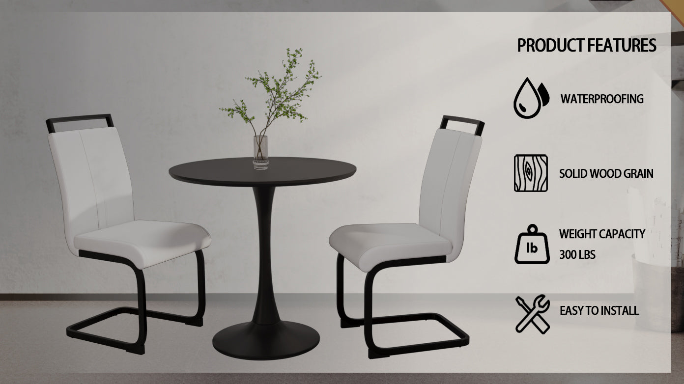 Black Circular Dining Table, 31.5 "Tulip Dining Table, Kitchen Dining Table For 2 4 People, Mdf Tabletop And Base, And 2 White Pu Black Metal Leg Dining Chairs Set 2 Black Mdf