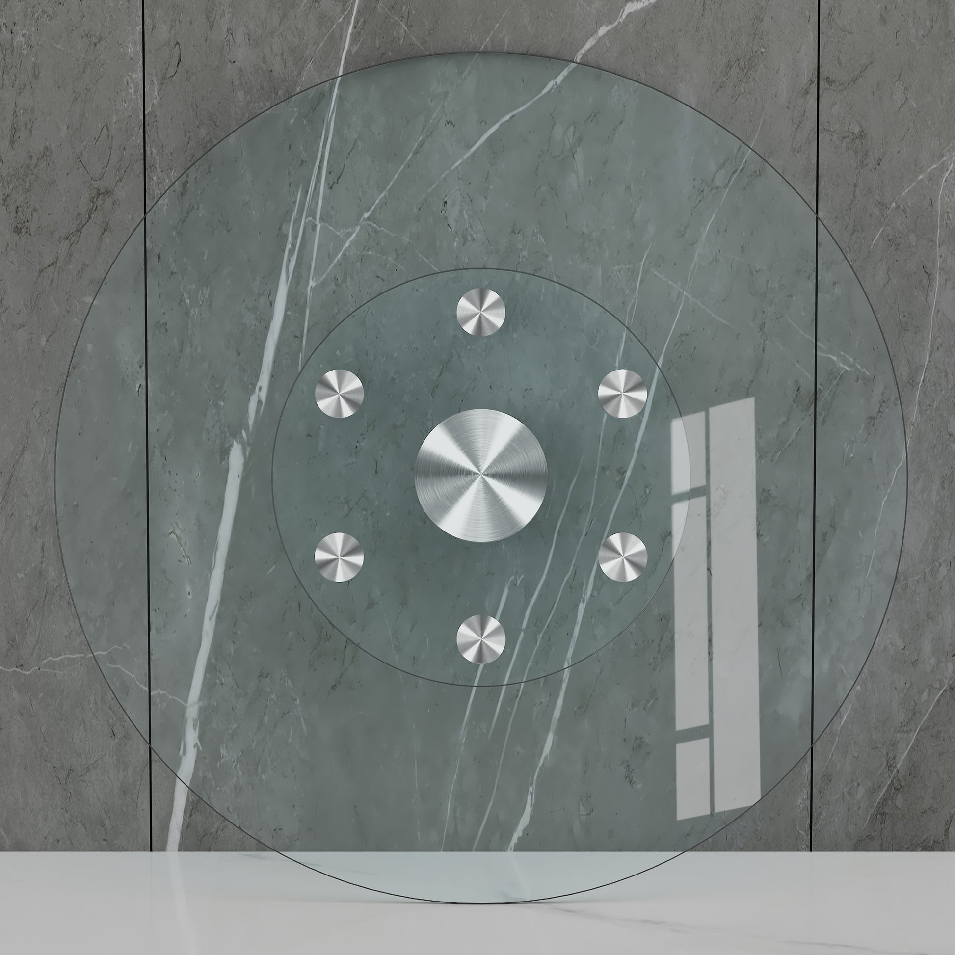 Double Layer Rotatable Round Glass.The Rotatable Design Makes It More Convenient To Retrieve And Place Items.The Upper Glass Has A Diameter Of 30.3 Inches, While The Lower Glass15 Inches. Transparent Glass