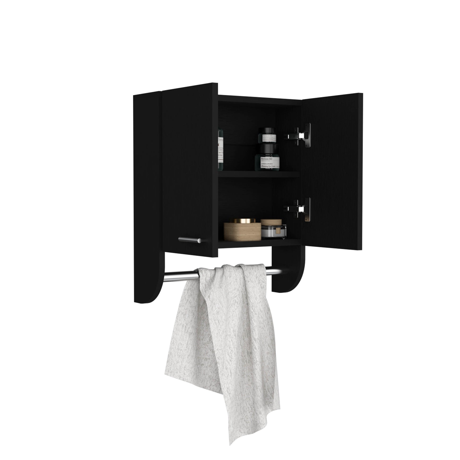 Optim Medicine Cabinet With Towel Holder 17.4" Wide Medice Cabinet Organizer With Two Interior Shelves And Tower Holder For Bathroom, Kitchen, Mudroom Black 2 2 Bathroom Wall Mounted Modern Particle