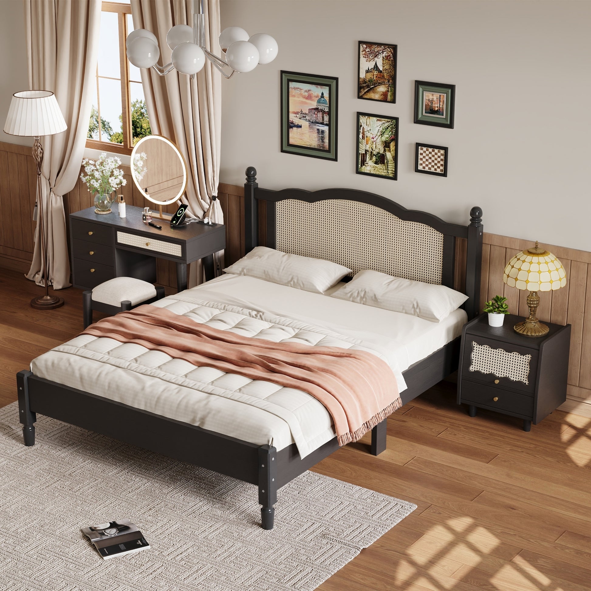 3 Pieces Bedroom Set With Queen Size Wooden Bed Frame, 1 Vintage Nightstand And 1 Makeup Vanity Set With Stool,Black Queen Black 3 Piece Set Wood