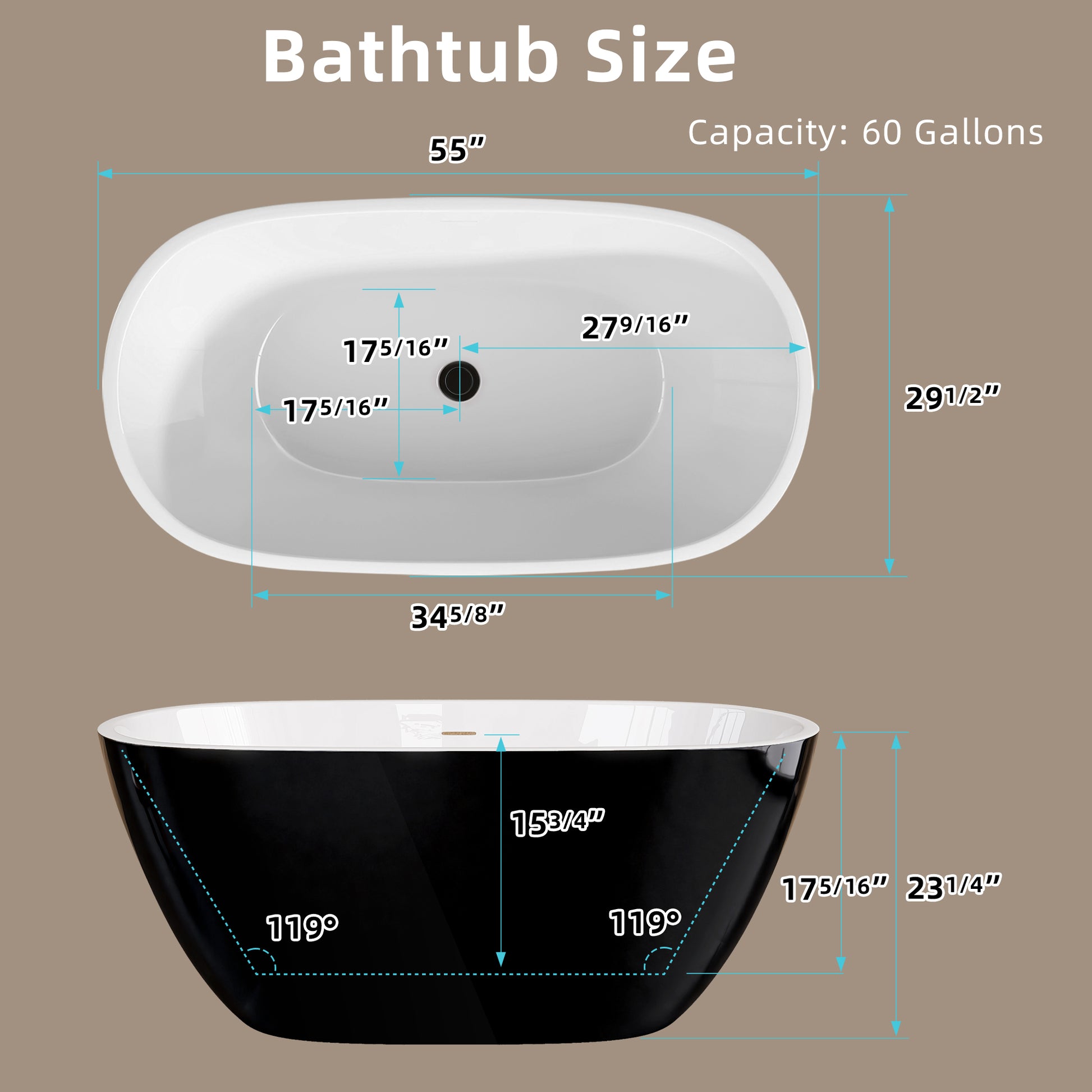 55 Inch Acrylic Freestanding Bathtub Modern Stand Alone Soaking Bathtub With Overflow And Pop Up Drain Gloss Black Black White Oval Bathroom Freestanding Tubs Polished Less Than 59 In