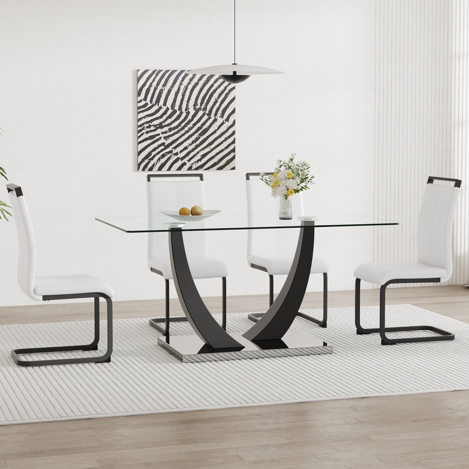 Table And Chair Set.Large Rectangular Glass Dining Table, 0.39 "Tempered Glass Countertop And Black Metal Shaped Bracket.Comes With Chairs With Faux Leather Cushions.Suitable For Kitchen, Dining Room. White Black Seats 4 Glass Metal