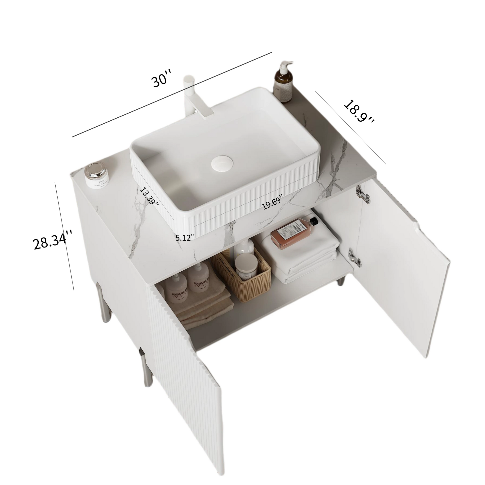 Turio 30" Bathroom Vanity With Sink, Freestanding Plywood Bathroom Storage Cabinet With 2 Doors, White Ceramic Basin And Carrara White Sintered Stone Counter Top, With Sink Hole Cover And Drain, White White Bathroom Modern,Scandinavian Plywood Ceramic