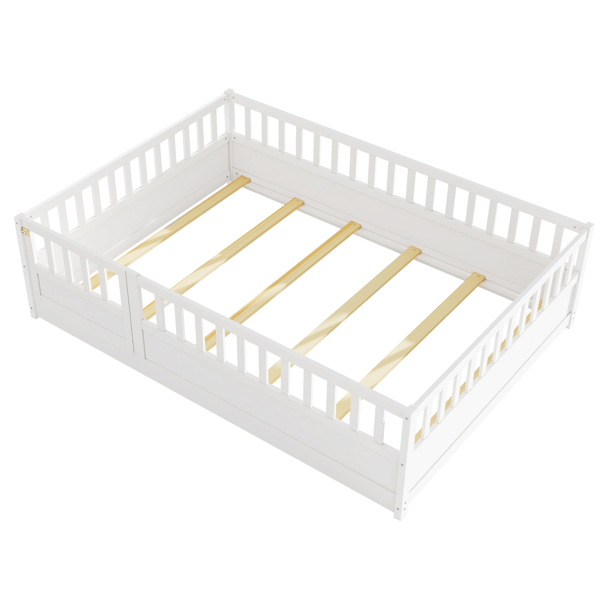 Full Size Floor Bed, Integral Construction With Super High Security Barrier, Door, Children'S Floor Bed Frame, Montessori Wooden Children'S Floor Bed, Support Slat White Box Spring Required Full