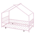 Twin Size Metal House Bed With Twin Size Trundle, Pink Twin Pink Metal