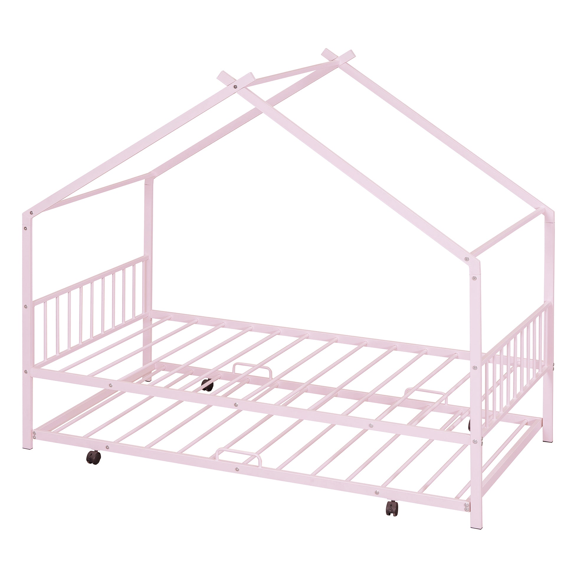 Twin Size Metal House Bed With Twin Size Trundle, Pink Twin Pink Metal
