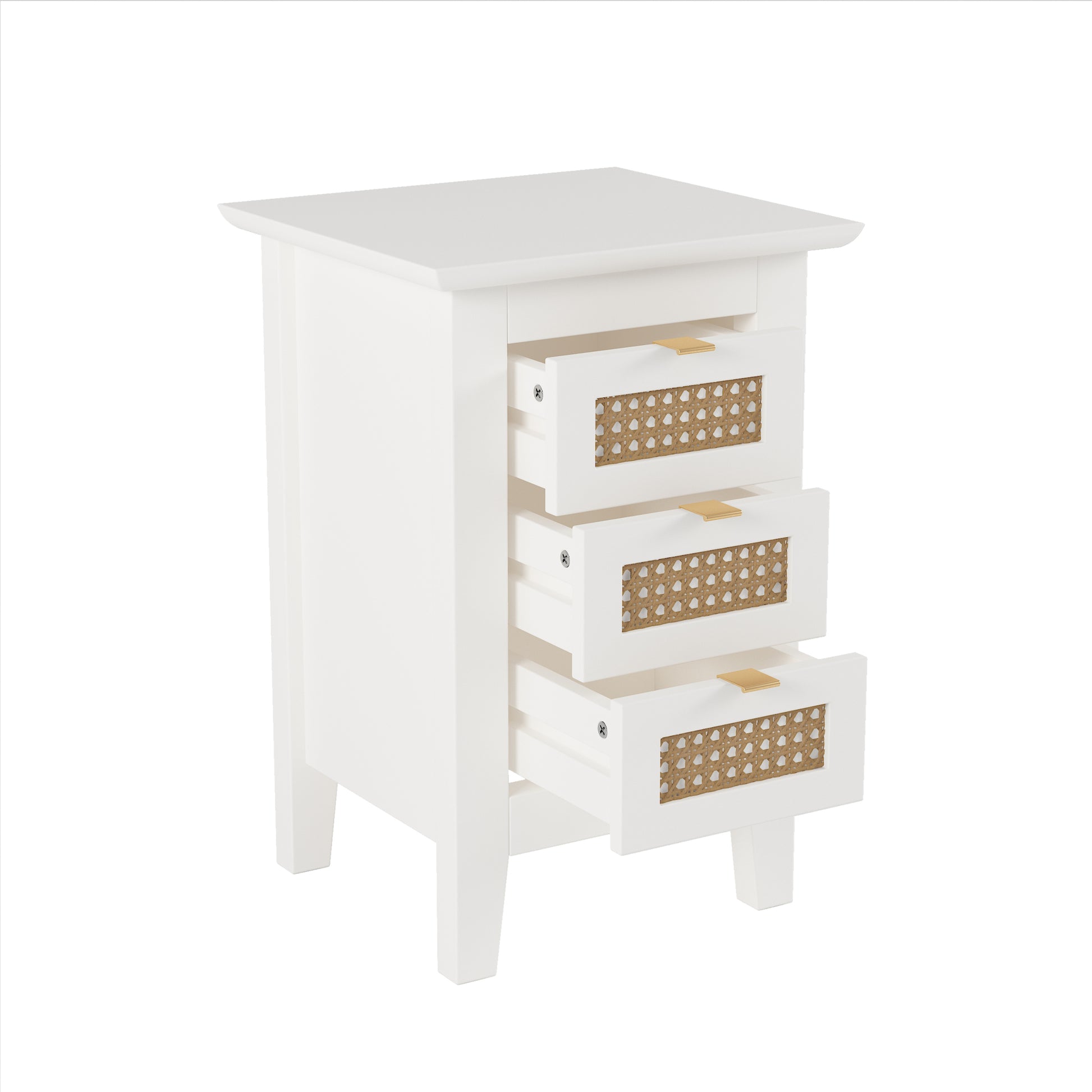 Wooden Nightstands Set Of 2 With Rattan Woven Surfaces And Three Drawers, Exquisite Elegance With Natural Storage Solutions For Bedroom, White White Particle Board