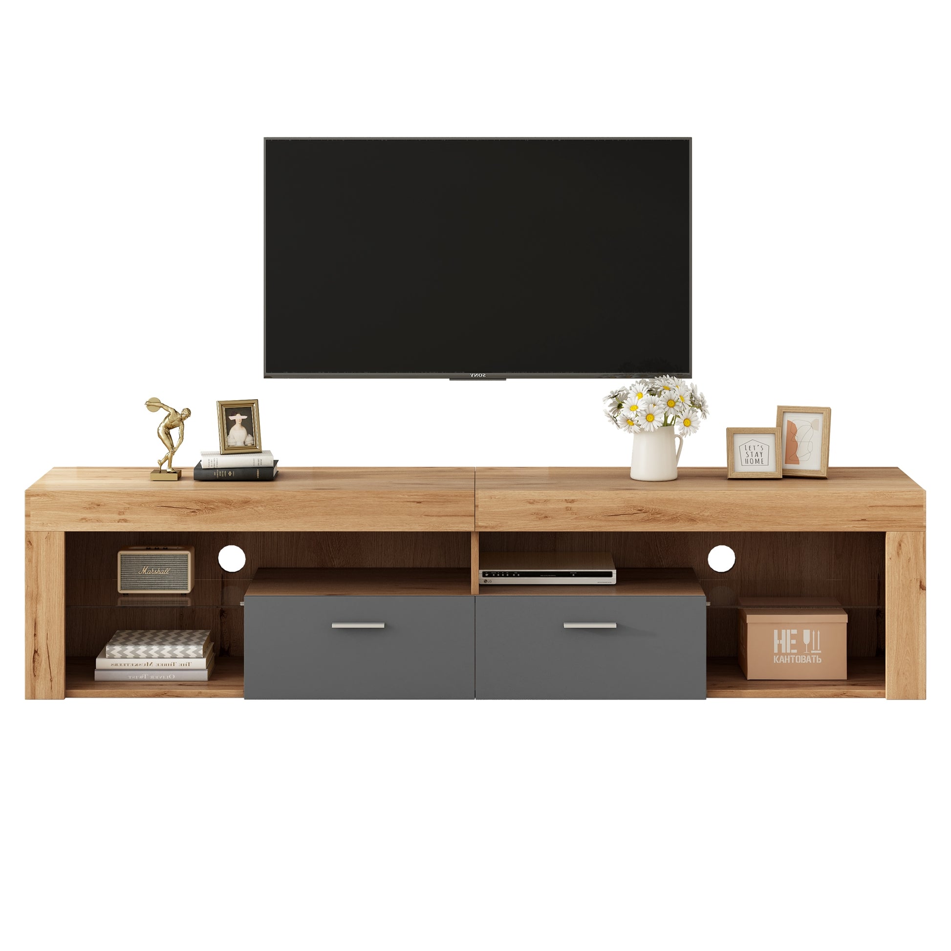 Modern Design Tv Stands For Tvs Up To 80'', Led Light Entertainment Center, Media Console With 6 Storage Cabinets, Tv Cabinet For Living Room, Bedroom, Home Theatre Black,Wood Brown Primary Living Space 70 79 Inches 70 79 Inches Modern 75 Inches Particle