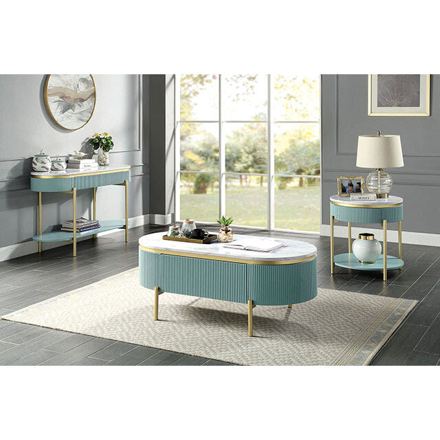 Glam Contemporary Light Teal 1Pc End Table White Faux Marble Top Living Room Table Open Bottom Shelve Teal Primary Living Space Contemporary,Glam,Modern,Shabby Chic Metal