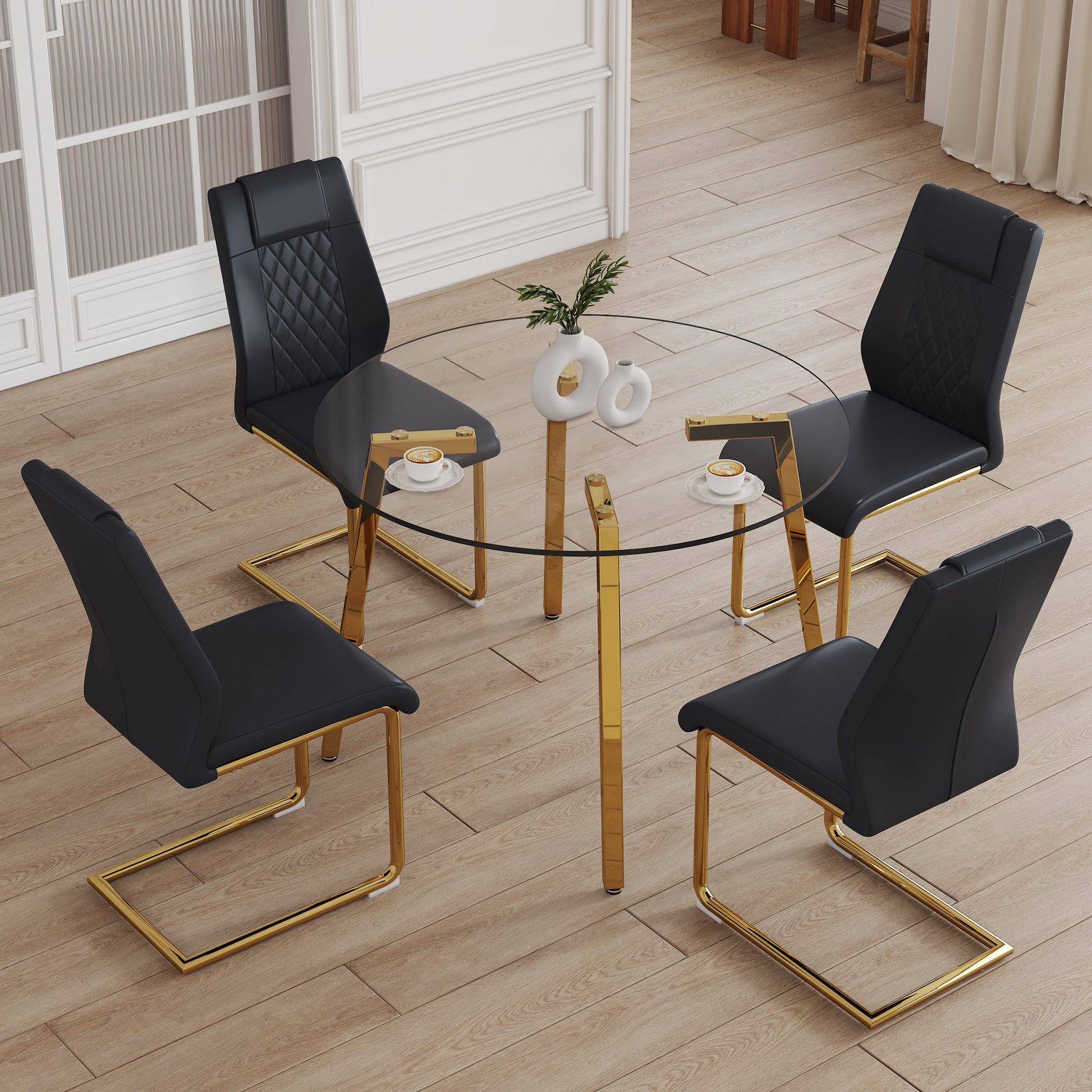 Table And Chair Set.A Modern Minimalist Style Round Clear Tempered Glass Table With Metal Legs.Paried With Black Chairs With Modern Pu Leather High Back Upholstered And C Tube Golden Legs. Black,Transparent Seats 4 Glass