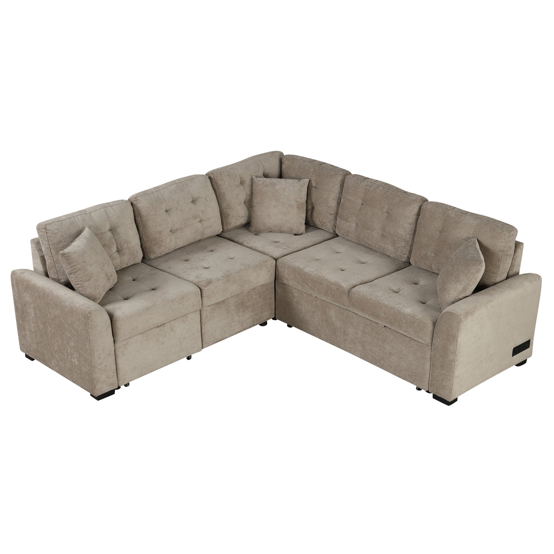 82.6" L Shape Sofa Bed Pull Out Sleeper Sofa With Wheels, Usb Ports, Power Sockets For Living Room Sg001230Aa , Khaki Khaki Foam Velvet 4 Seat