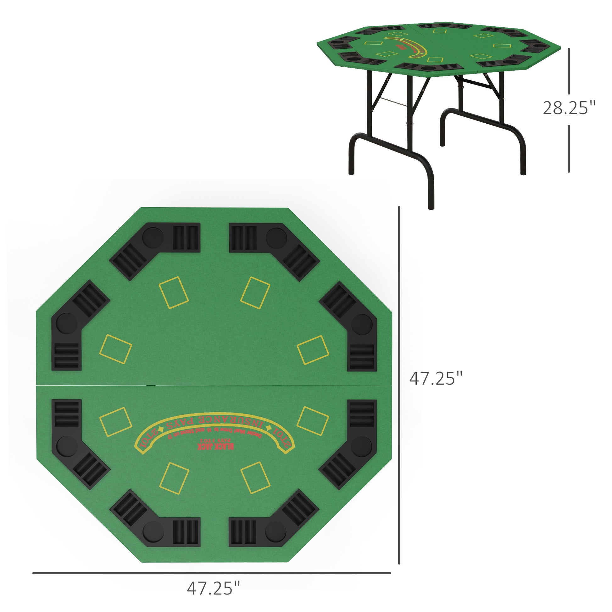 Soozier Poker Table Foldable 47" Octagon Casino Table Blackjack Texas Holdem Poker Table For 8 Players With Chips Tray And Cup Holders, Green Green Mdf Steel