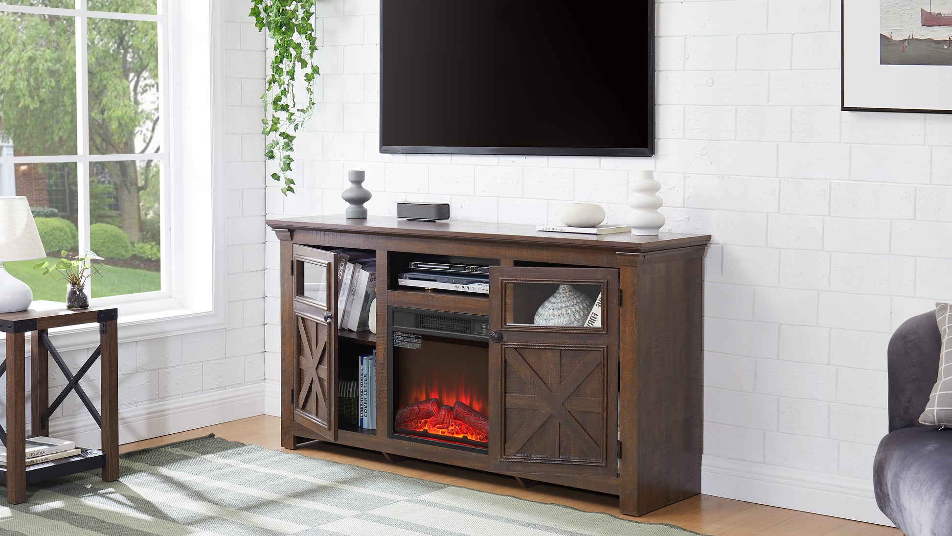 2 Doors Cabinet Farmhouse Cabinet, Farmhouse Tv Stand Barn Design,Farmhouse Tv Media Stand, Large Barn Inspired Home Entertainment Console With 18" Fireplace Insert,Espresso,60.23"W*15.35"D*31.7"H