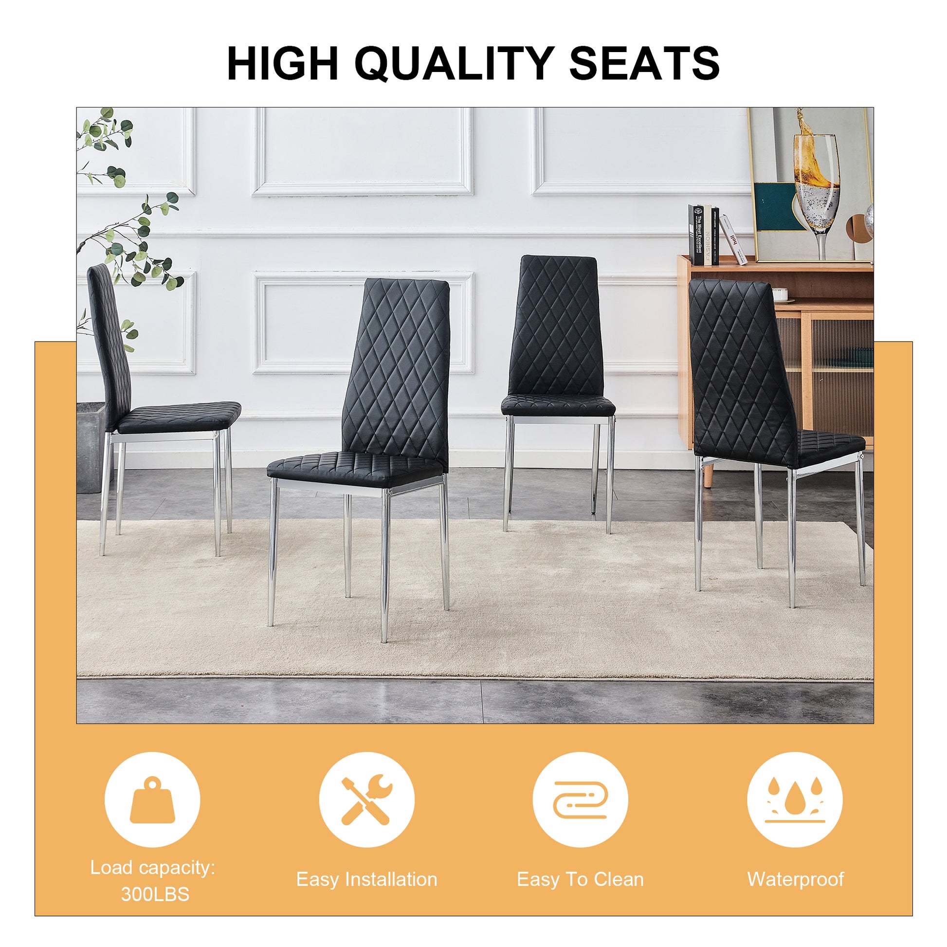 Checkered Armless High Back Dining Chair, 4 Piece Set, Black Chair And Electroplated Metal Legs, Office Chair. Suitable For Restaurants, Living Rooms, Kitchens, And Offices.W115162605 0924 Black Pu