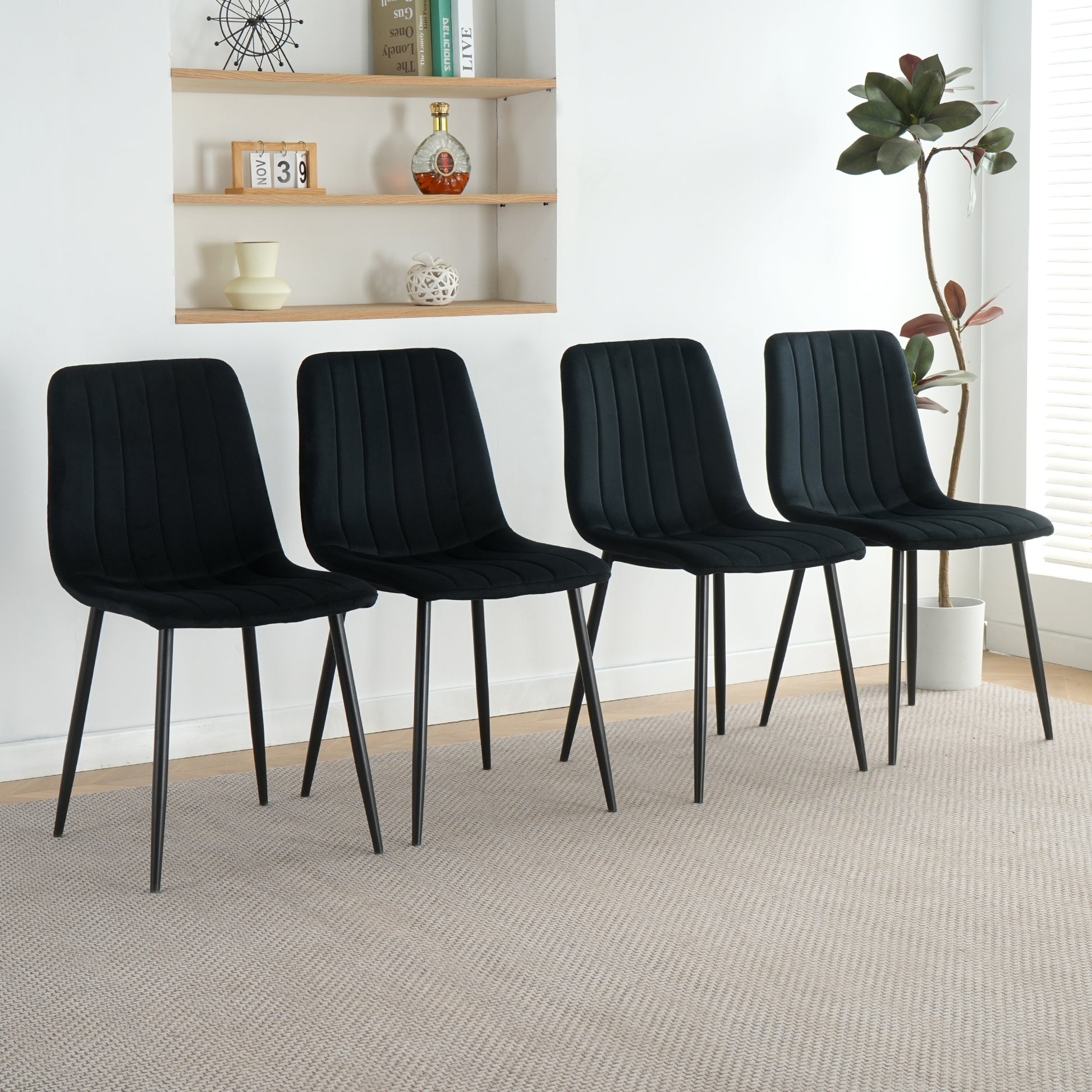 Indoor Black Velvet Dining Chair, Modern Kitchen Dining Chair With Cushion Back, Upholstered Side Chair With Black Coated Metal Legs, Family Kitchen Dining Room And Living Room Set Of 4 Metal Black