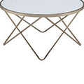 Contemporary Style Round Glass And Metal Coffee Table, White And Gold White Gold Glass Metal