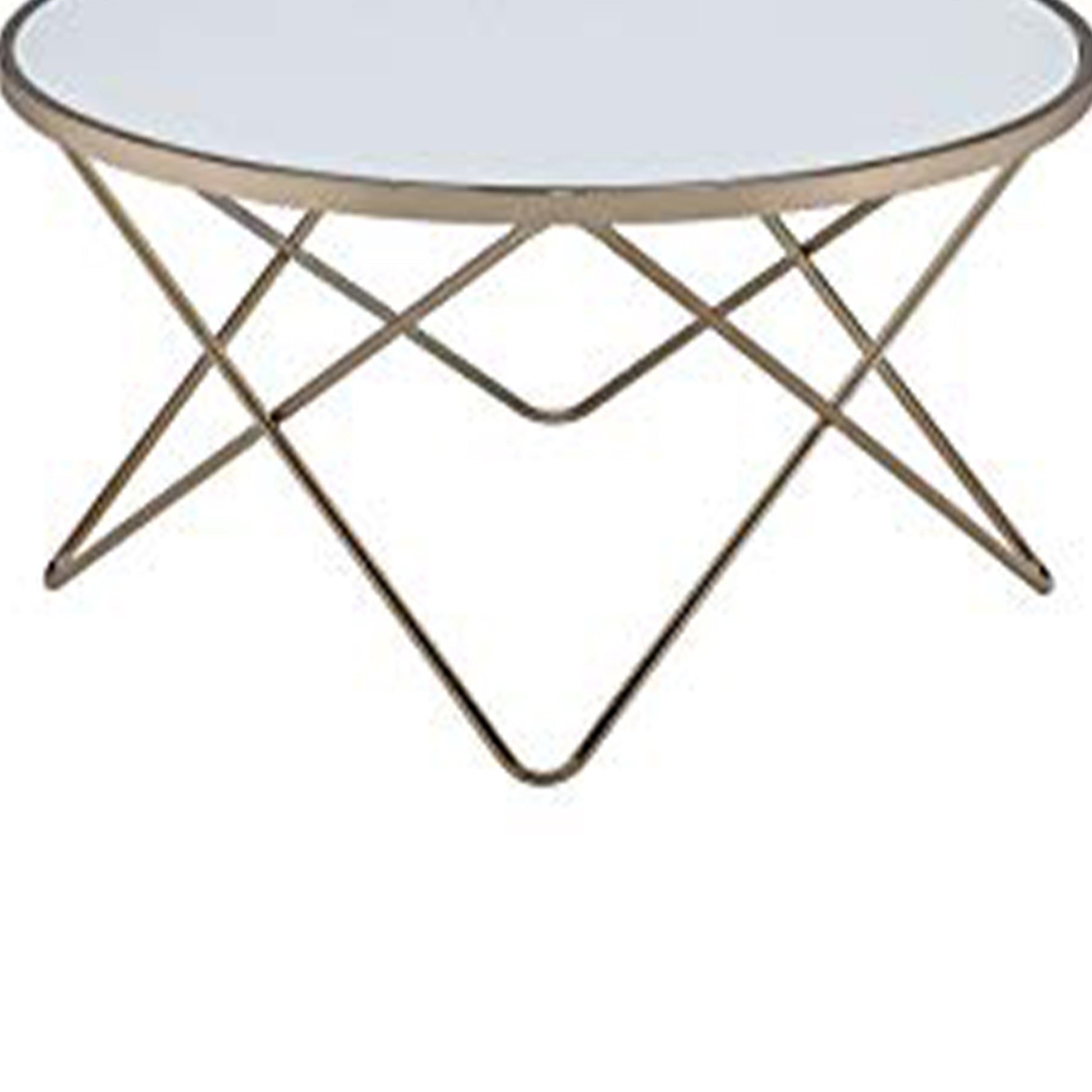 Contemporary Style Round Glass And Metal Coffee Table, White And Gold White Gold Glass Metal